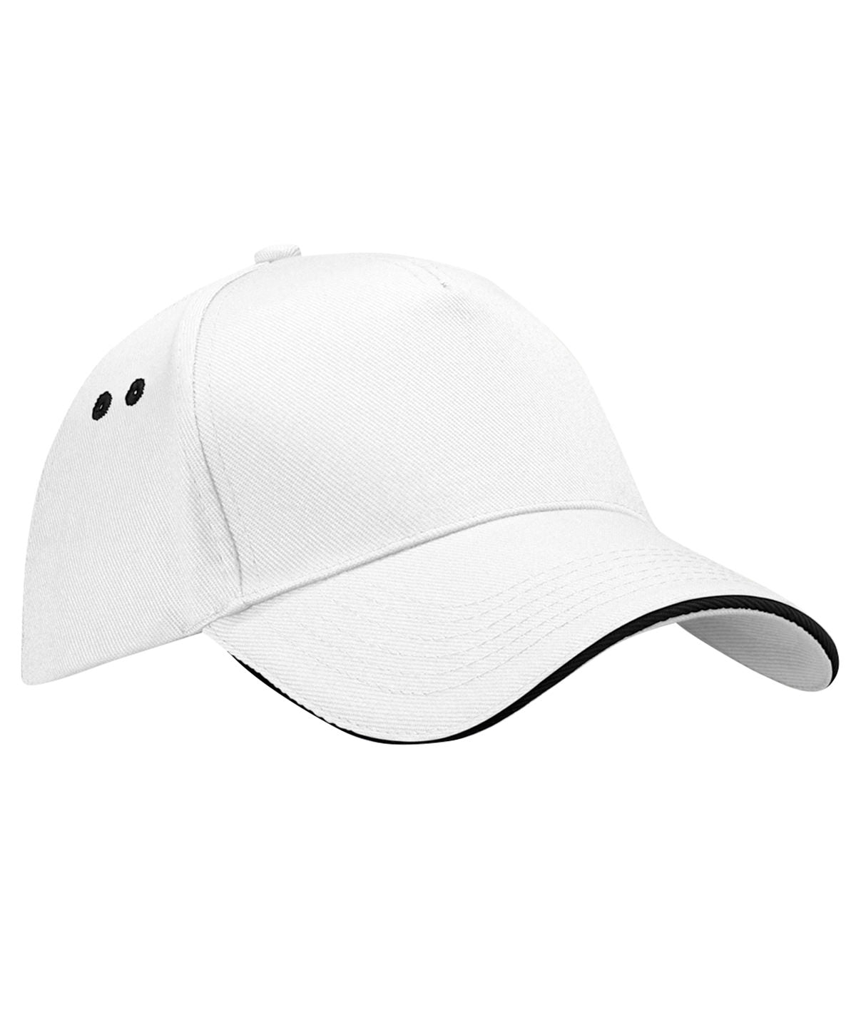 Beechfield Ultimate 5-panel cap - sandwich peak in White/Black, front view