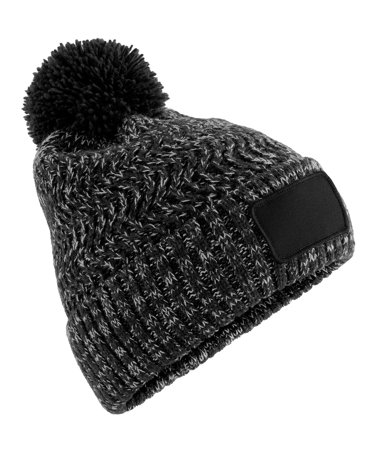 Beechfield Ramble patch pom-pom beanie in Black Twist, front view