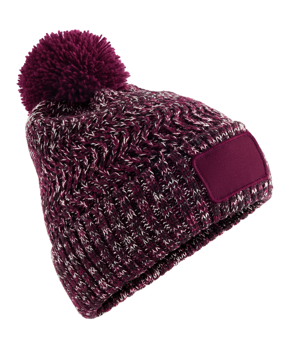 Beechfield Ramble patch pom-pom beanie in Burgundy Twist, front view