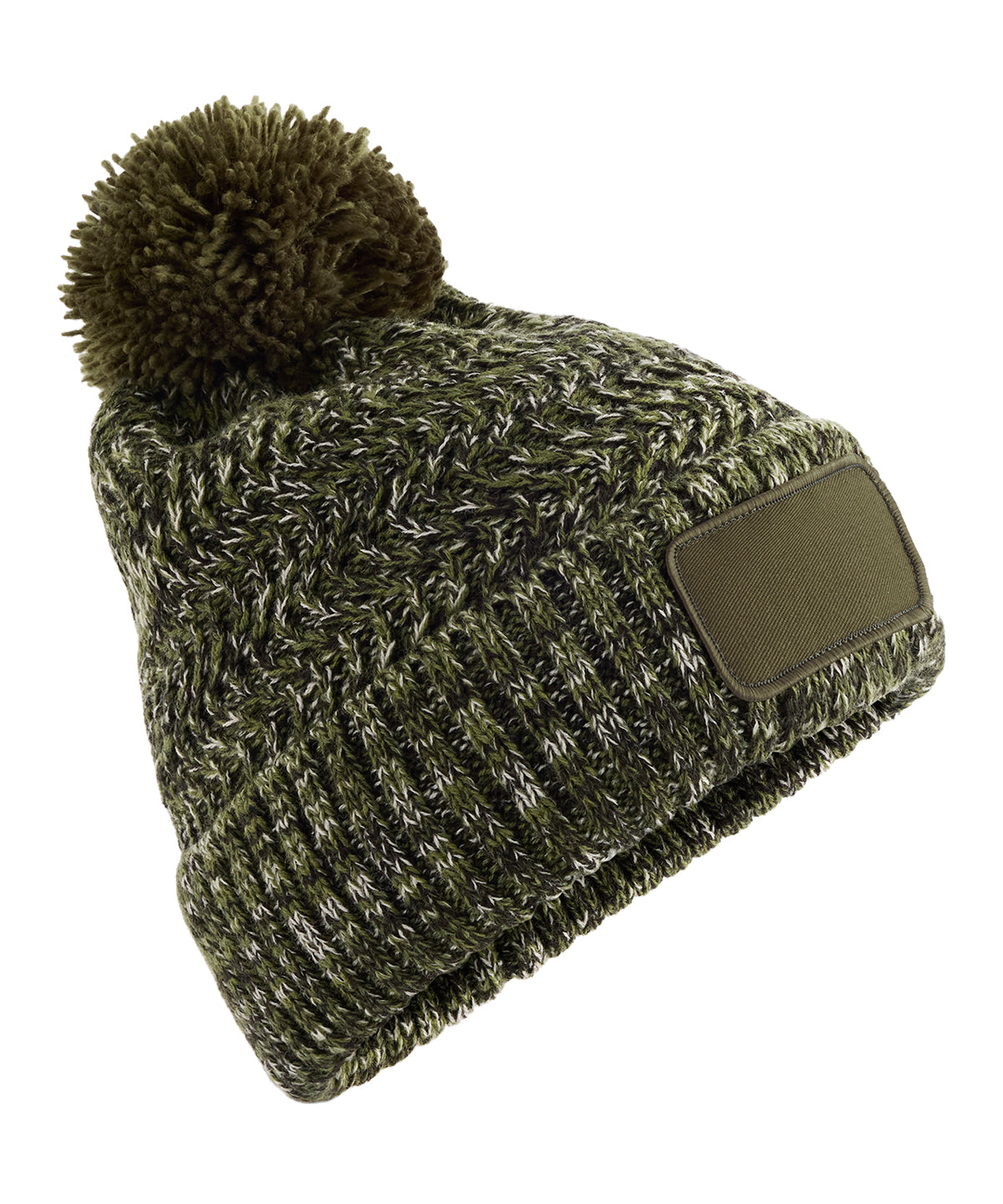 Beechfield Ramble patch pom-pom beanie in Moss Green Twist, front view