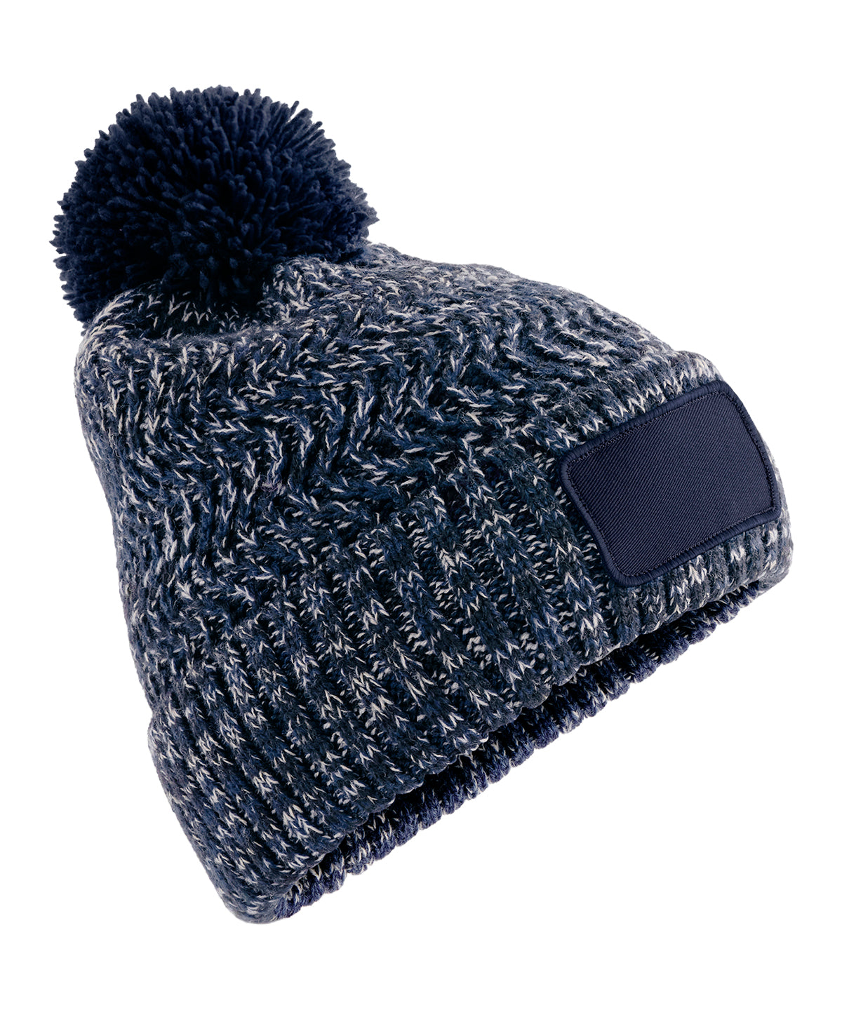 Beechfield Ramble patch pom-pom beanie in Steel Blue Twist, front view