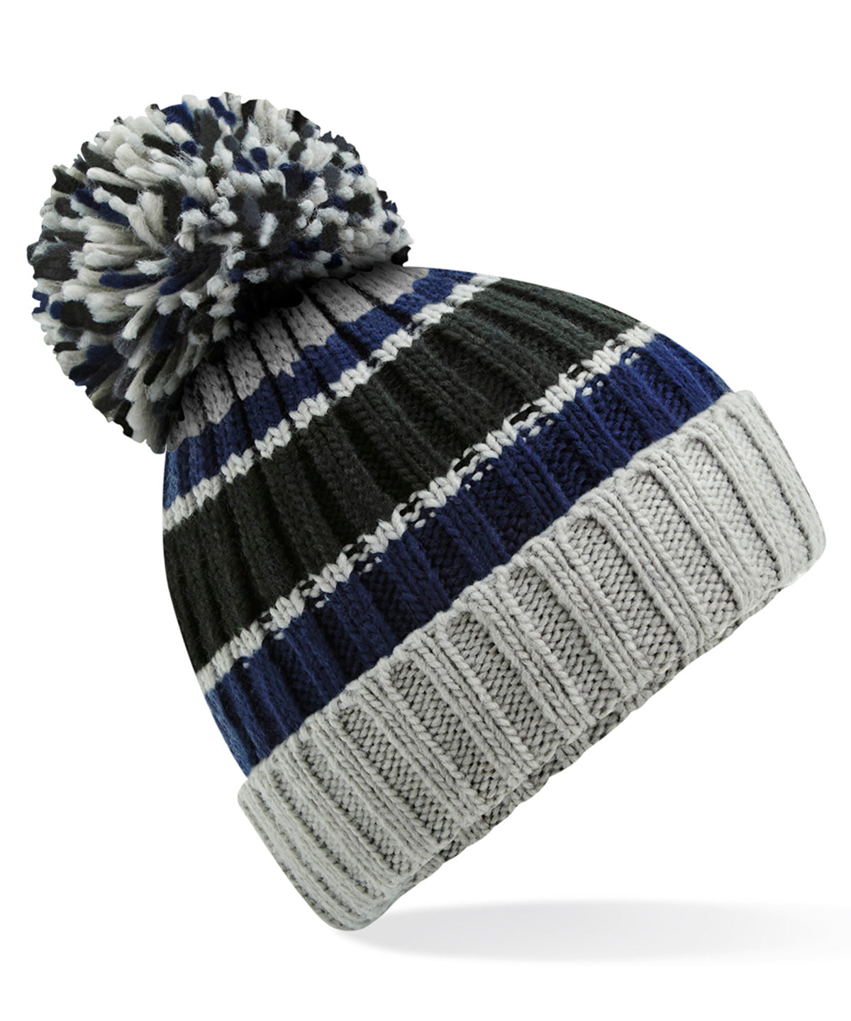 Beechfield Hygge striped beanie in Blue Steel, front view