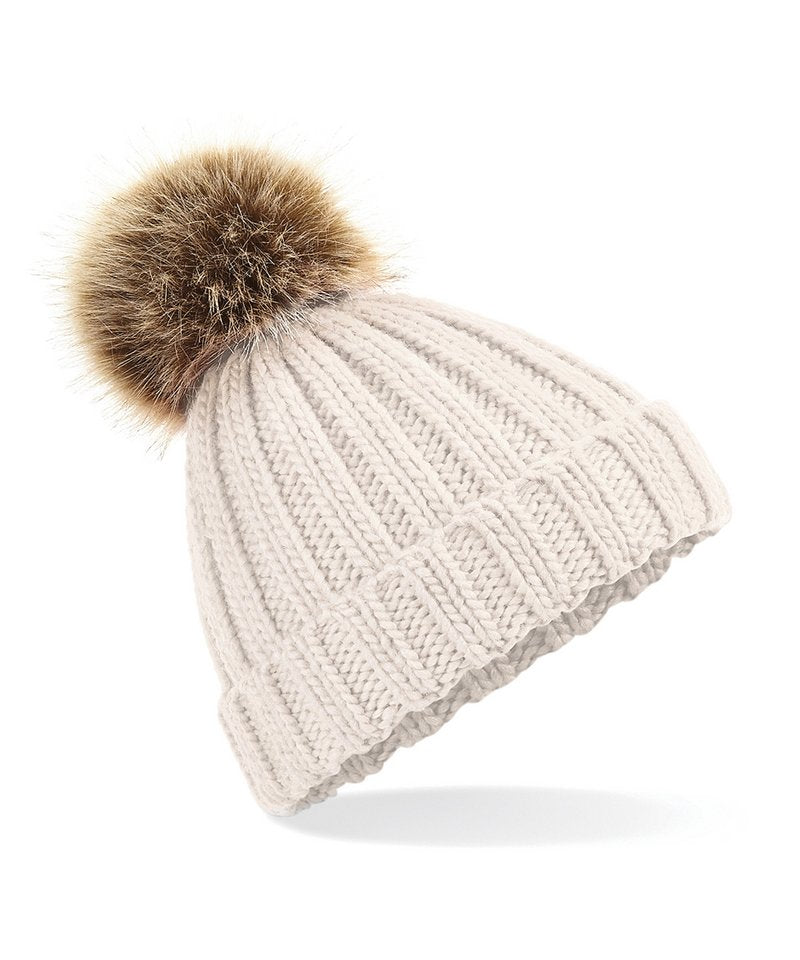 Beechfield Fur pop pom chunky beanie in Oatmeal, front view