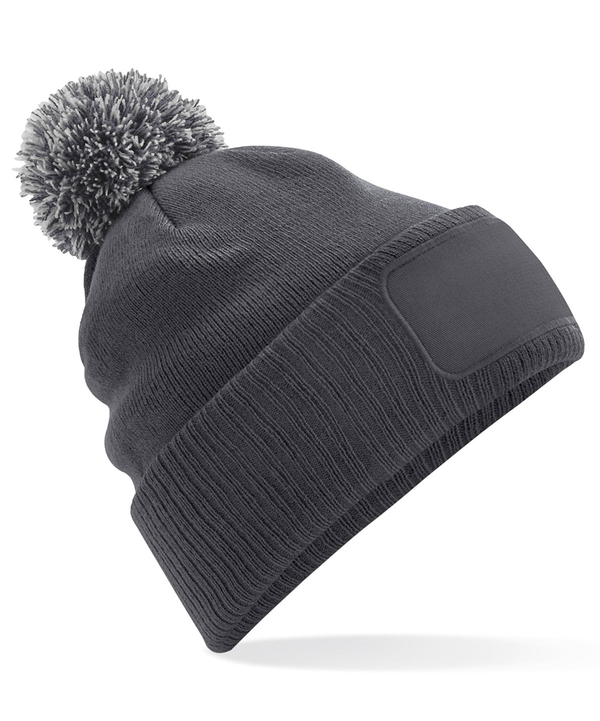Beechfield Snowstar patch beanie in Graphite Grey/Light Grey, front view