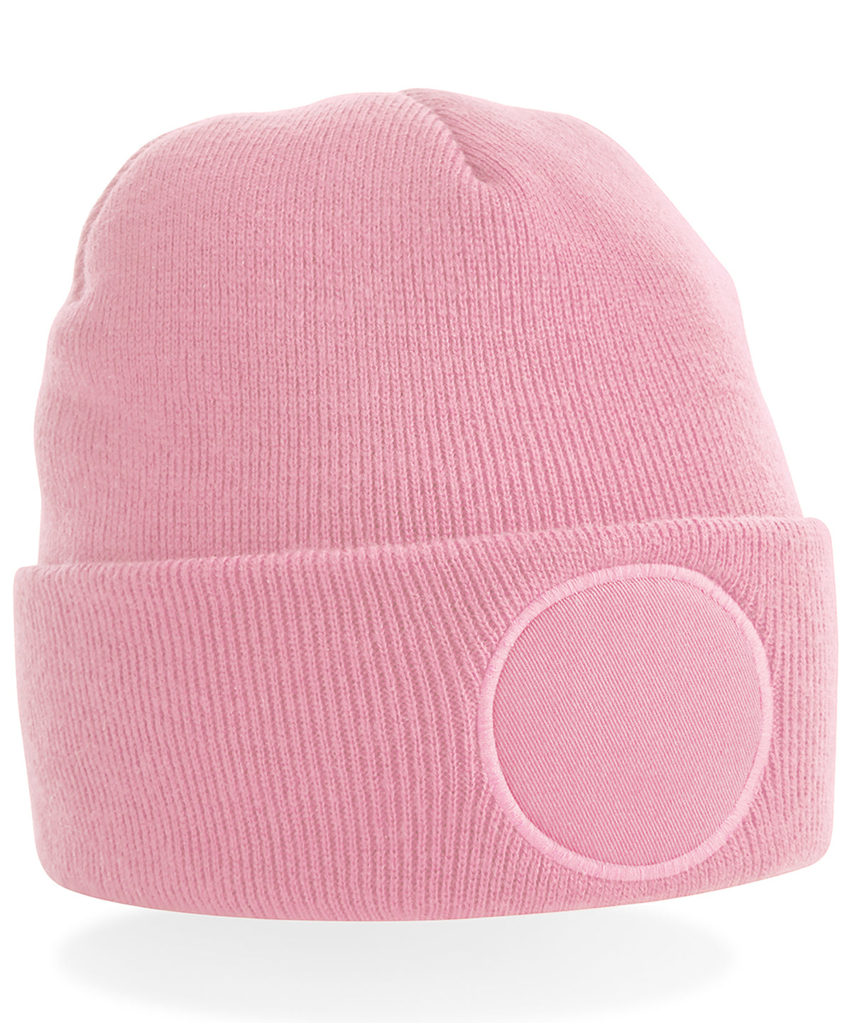 Beechfield Circular patch beanie in Dusky Pink, front view