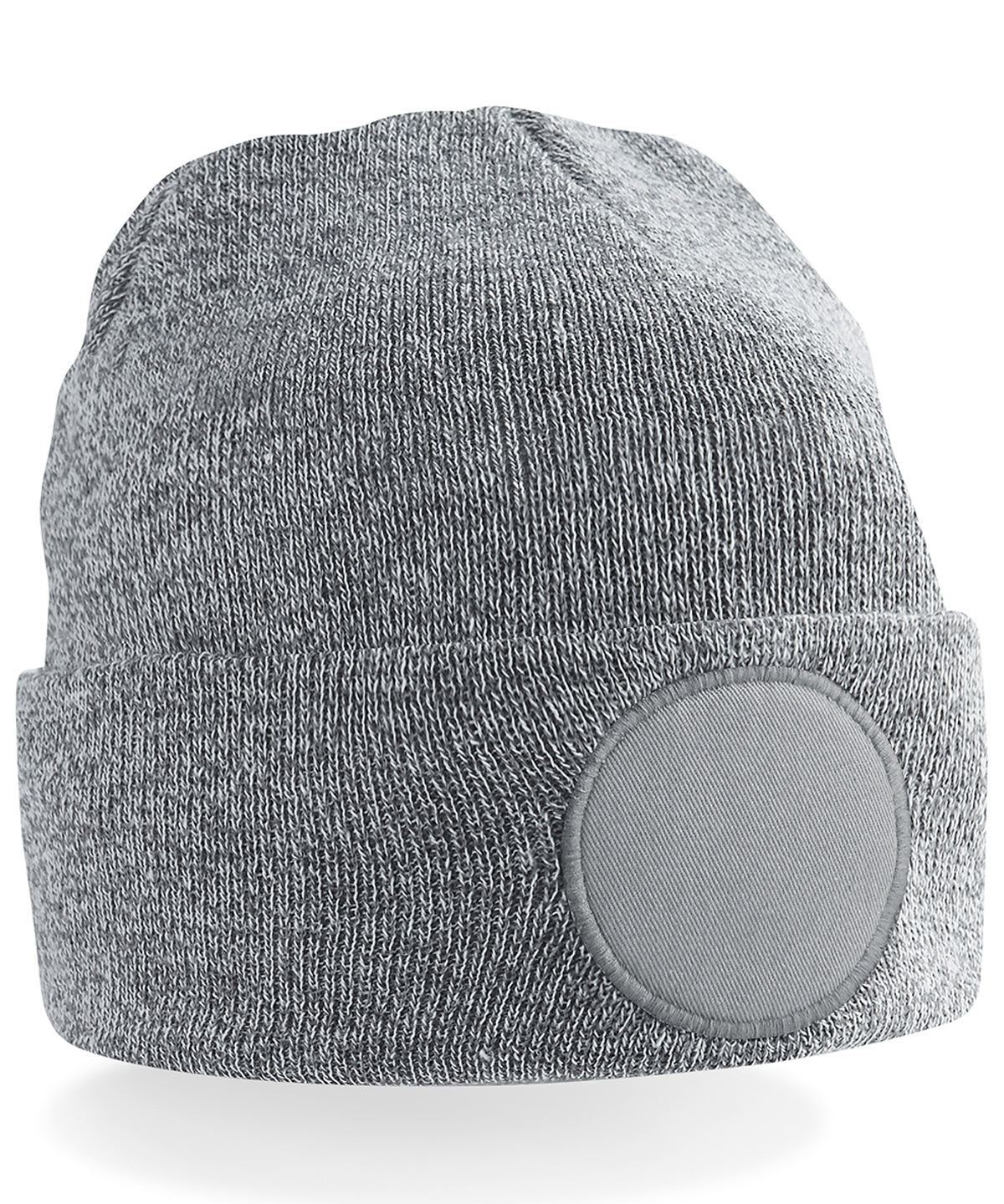 Beechfield Circular patch beanie in Heather Grey, front view