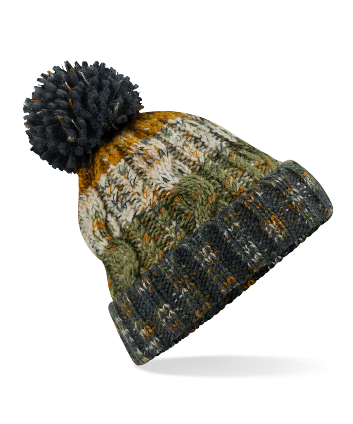 Beechfield Corkscrew pom pom beanie in Autumn Moss, front view