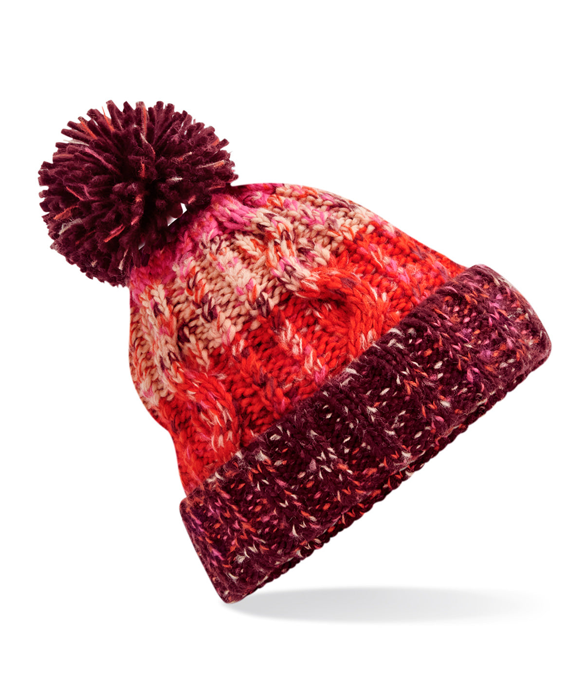 Beechfield Corkscrew pom pom beanie in Cherry Sherbet, front view