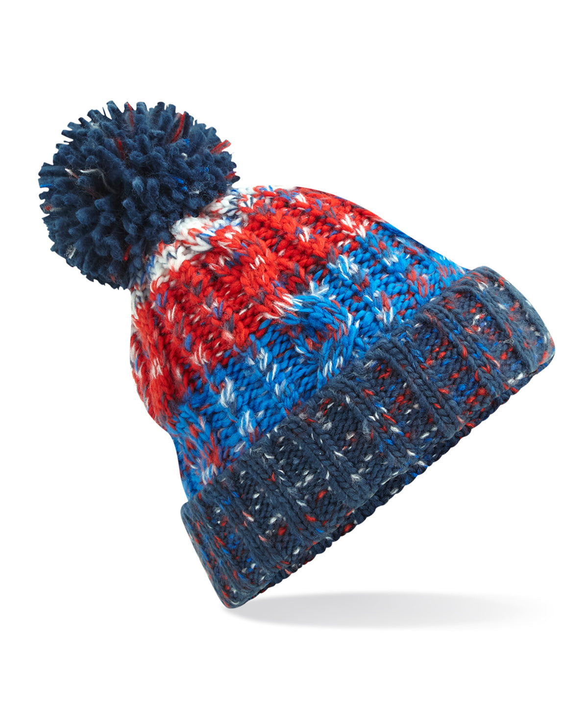Beechfield Corkscrew pom pom beanie in Chilli Blues, front view