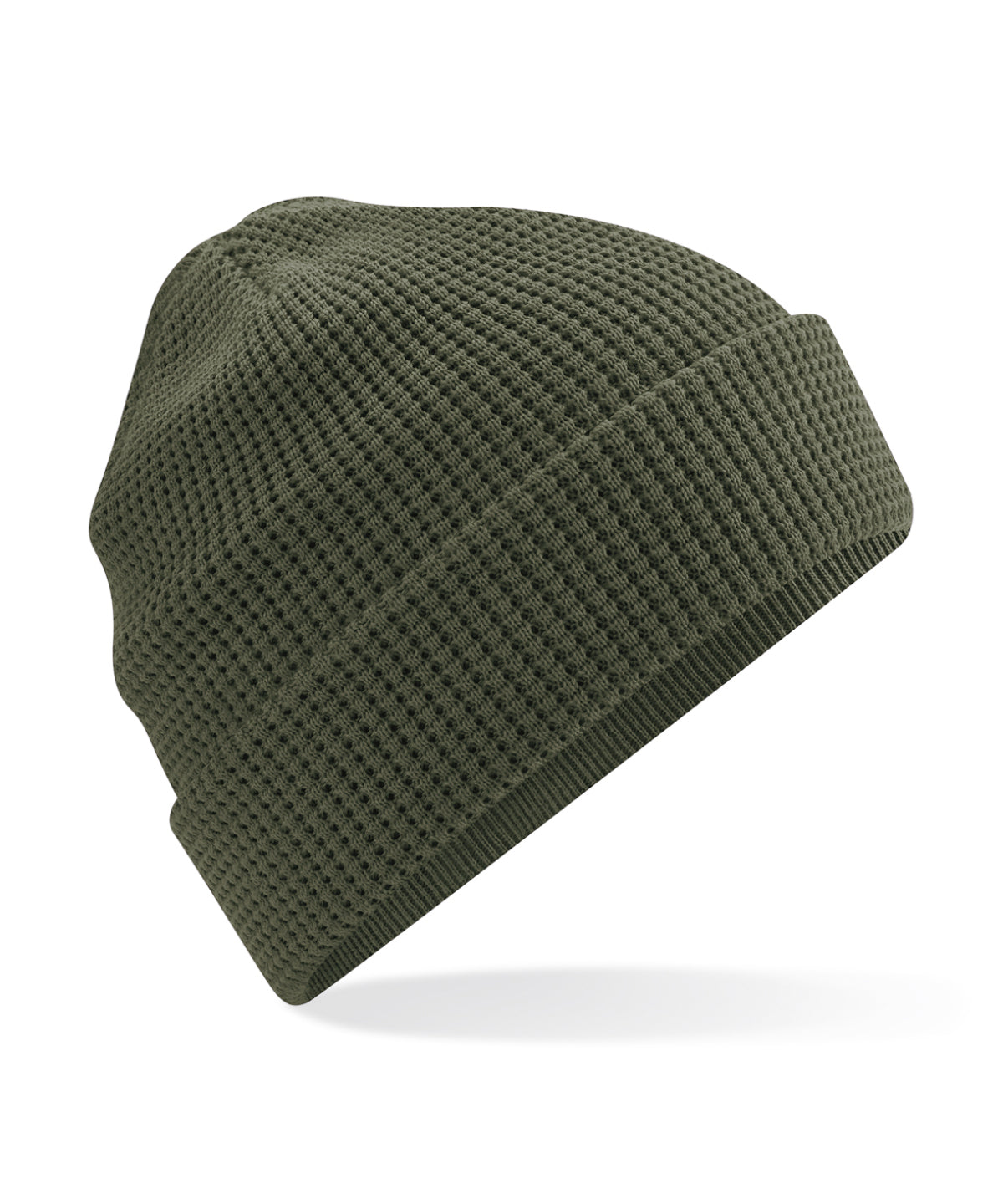 Beechfield Organic cotton waffle beanie in Olive Green, front view