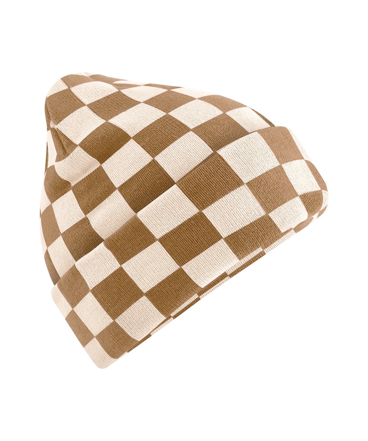 Beechfield Checkerboard beanie in Biscuit/Almond, front view