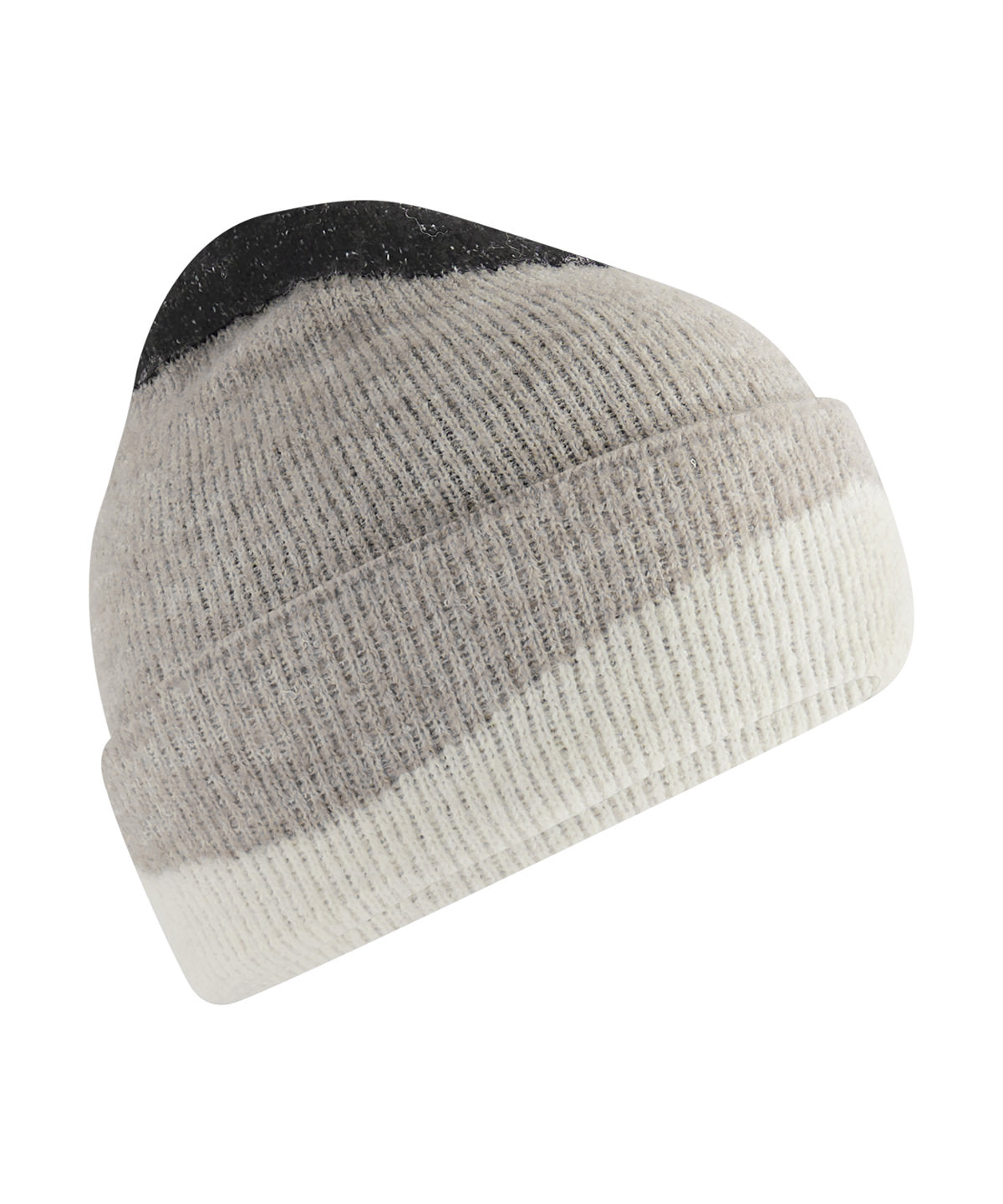 Beechfield Soft wave beanie in Black/Light Grey/Soft White, front view