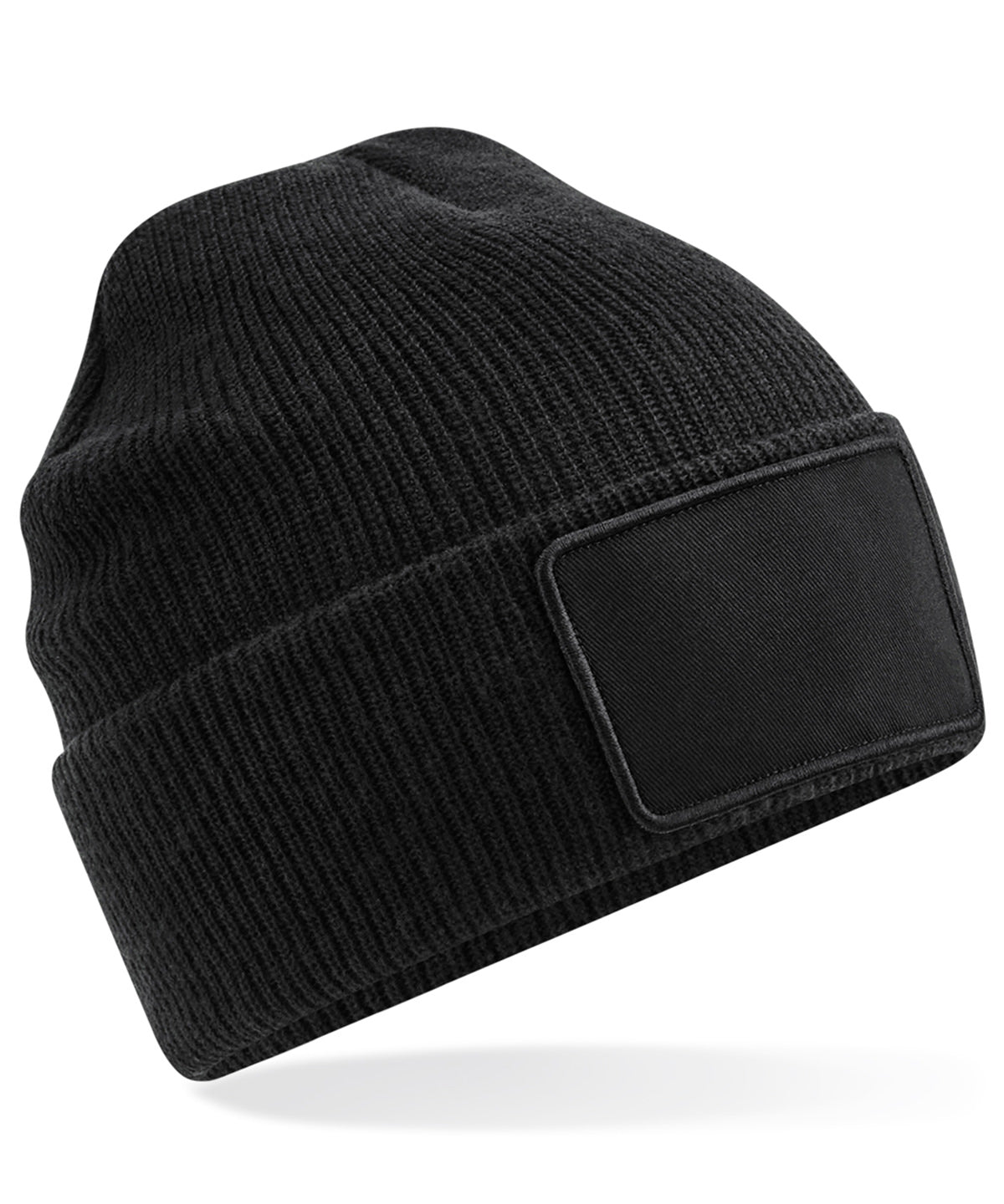 Beechfield Removable patch Thinsulate beanie in Black, front view