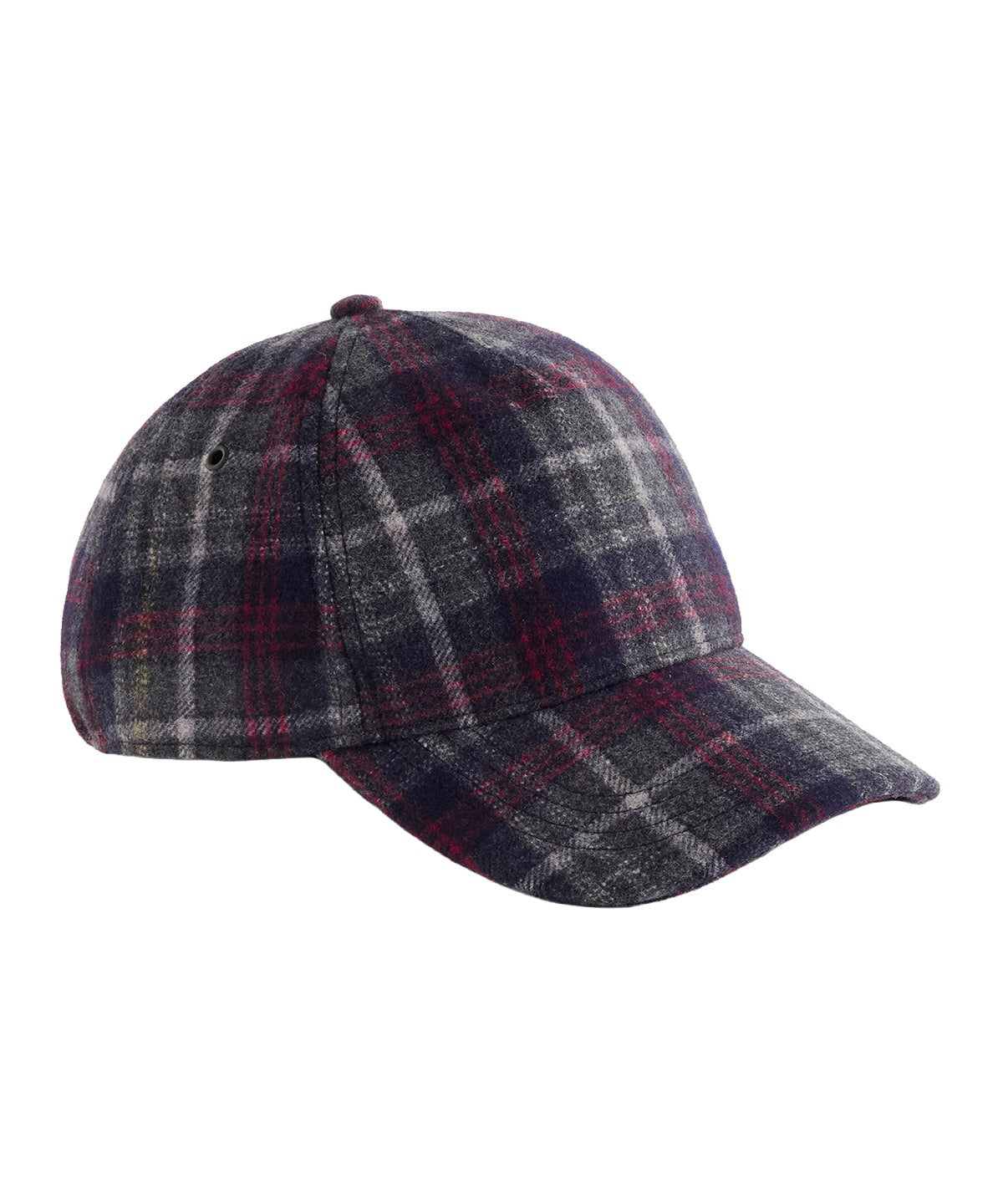 Beechfield Wool blend check cap in Navy Plaid, front view