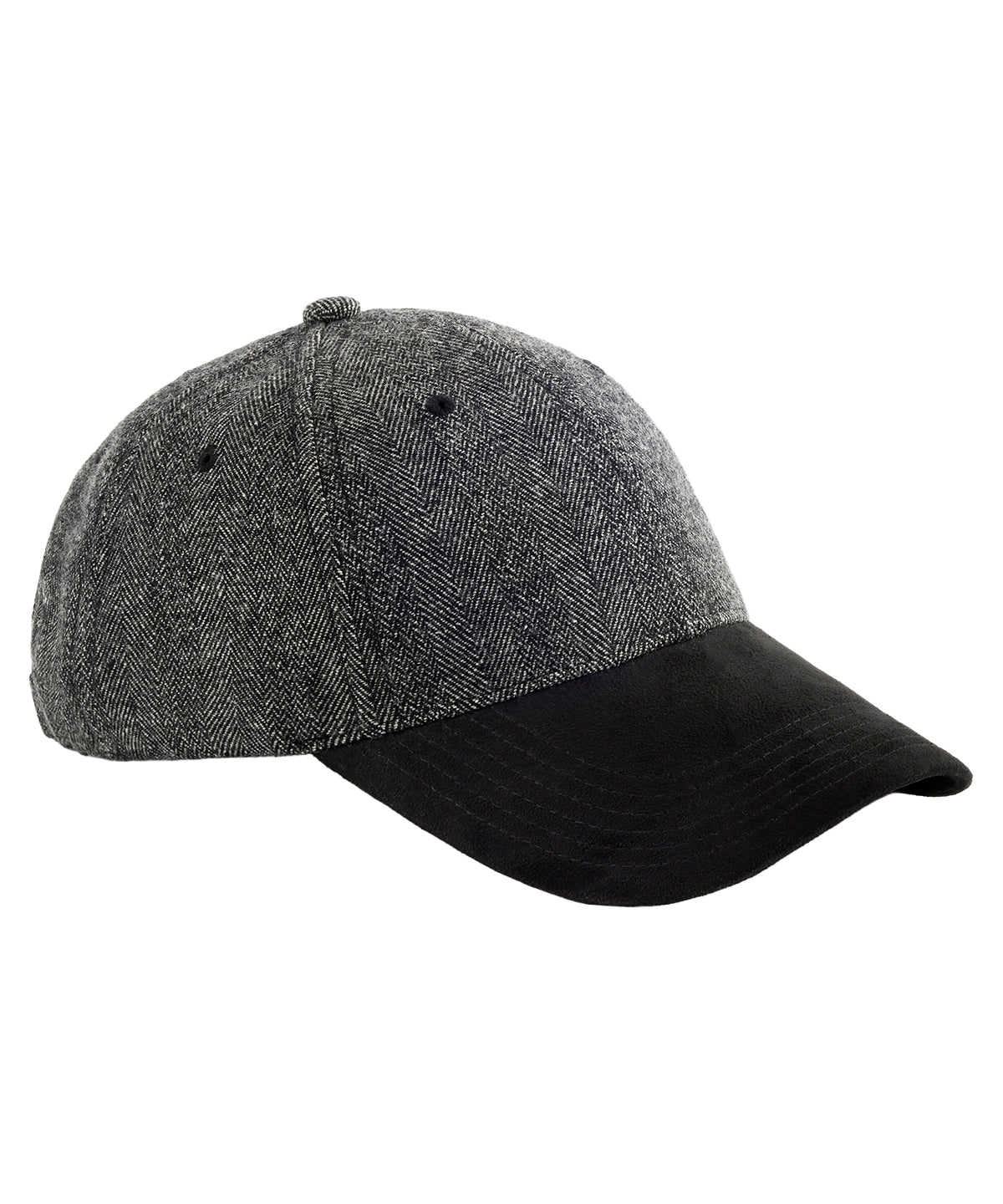Beechfield Suede peak herringbone cap in Black Herringbone, front view