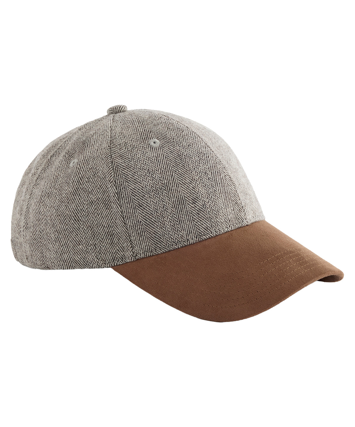 Beechfield Suede peak herringbone cap in Brown Herringbone, front view