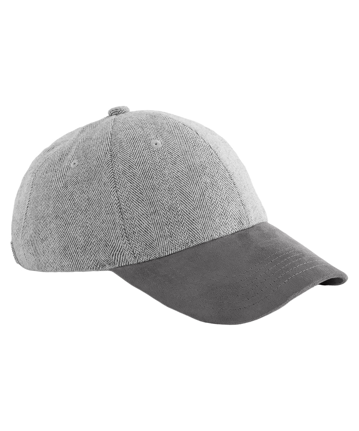 Beechfield Suede peak herringbone cap in Charcoal Herringbone, front view
