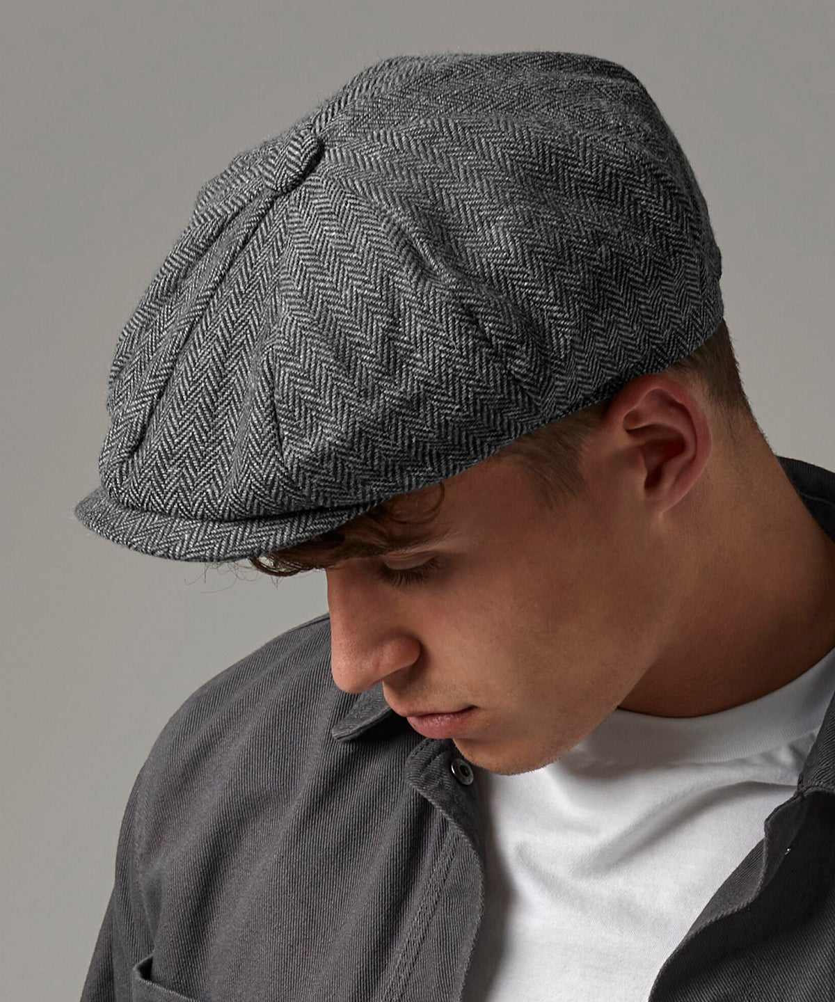 Beechfield Heritage baker boy cap in Charcoal Herringbone, lifestyle photo