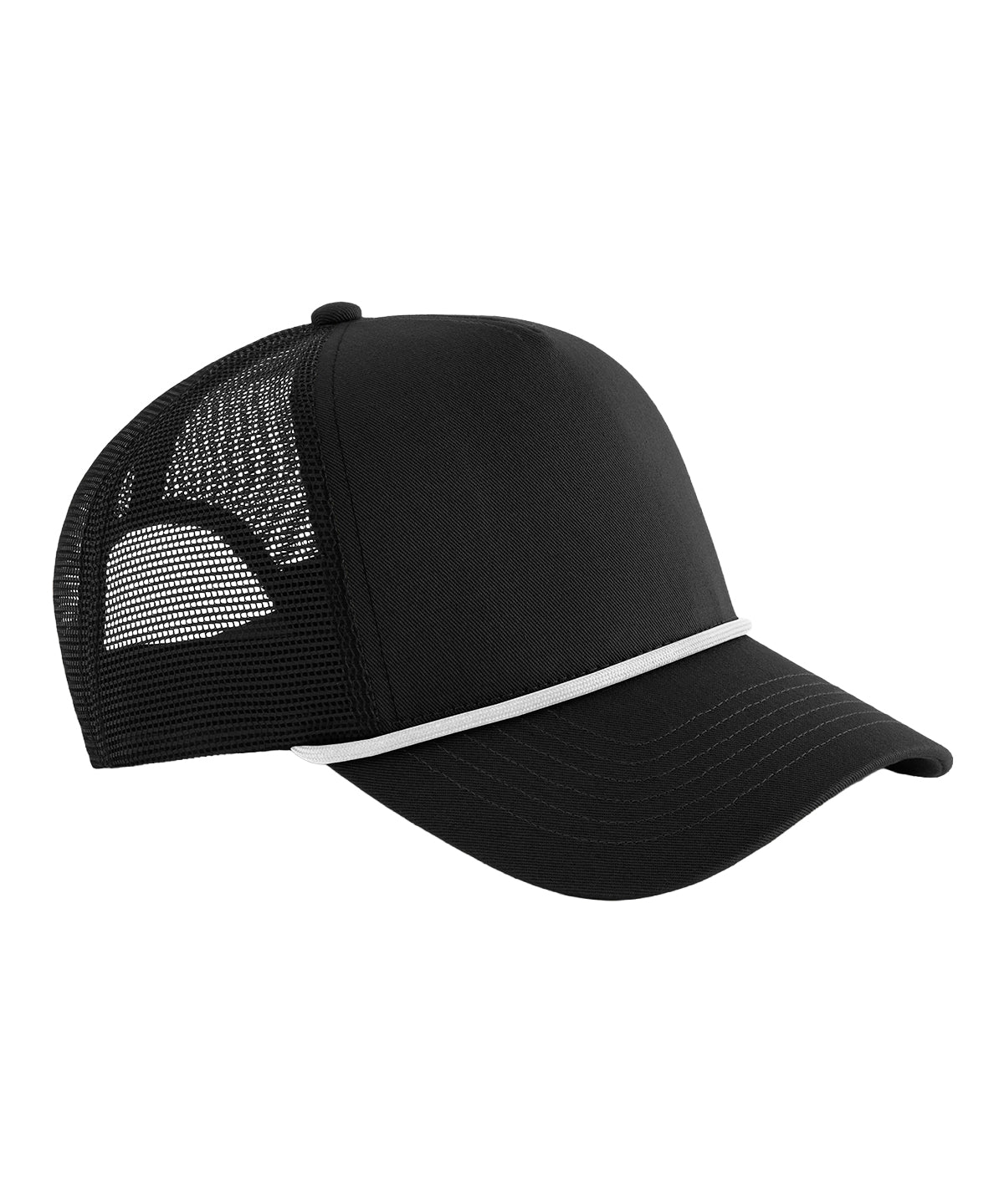 Beechfield 5-panel rope trucker in Black/White, front view
