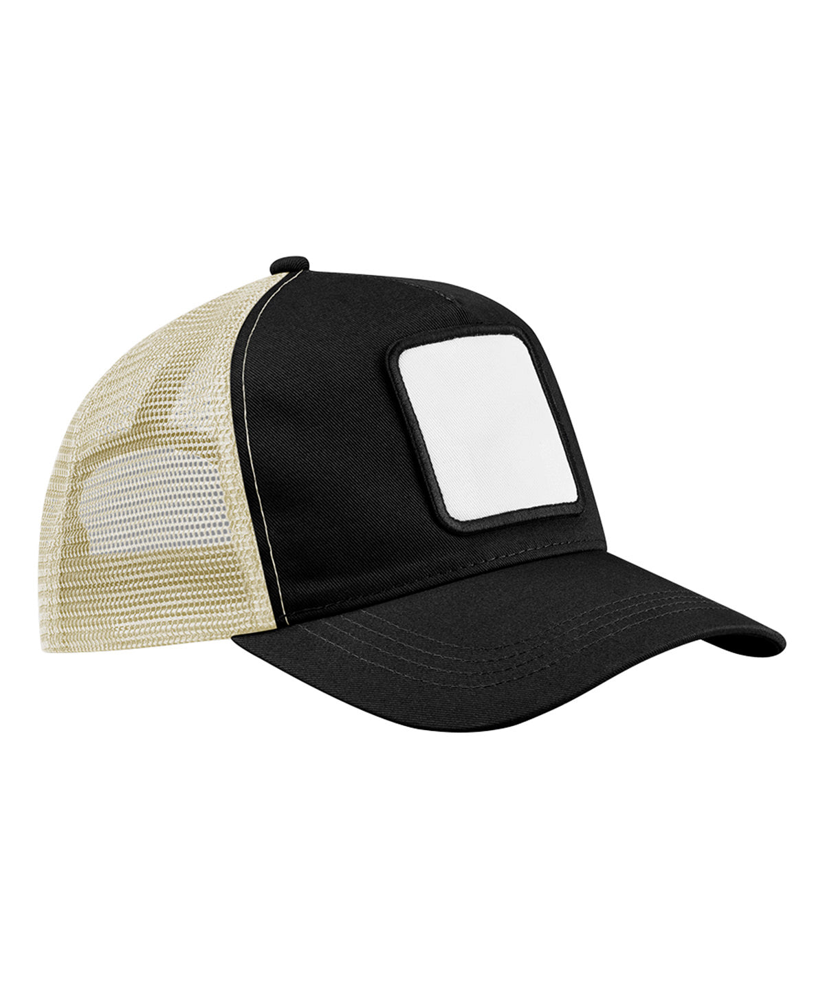 Beechfield Appliqué patch 5-panel trucker in Black/Stone, front view