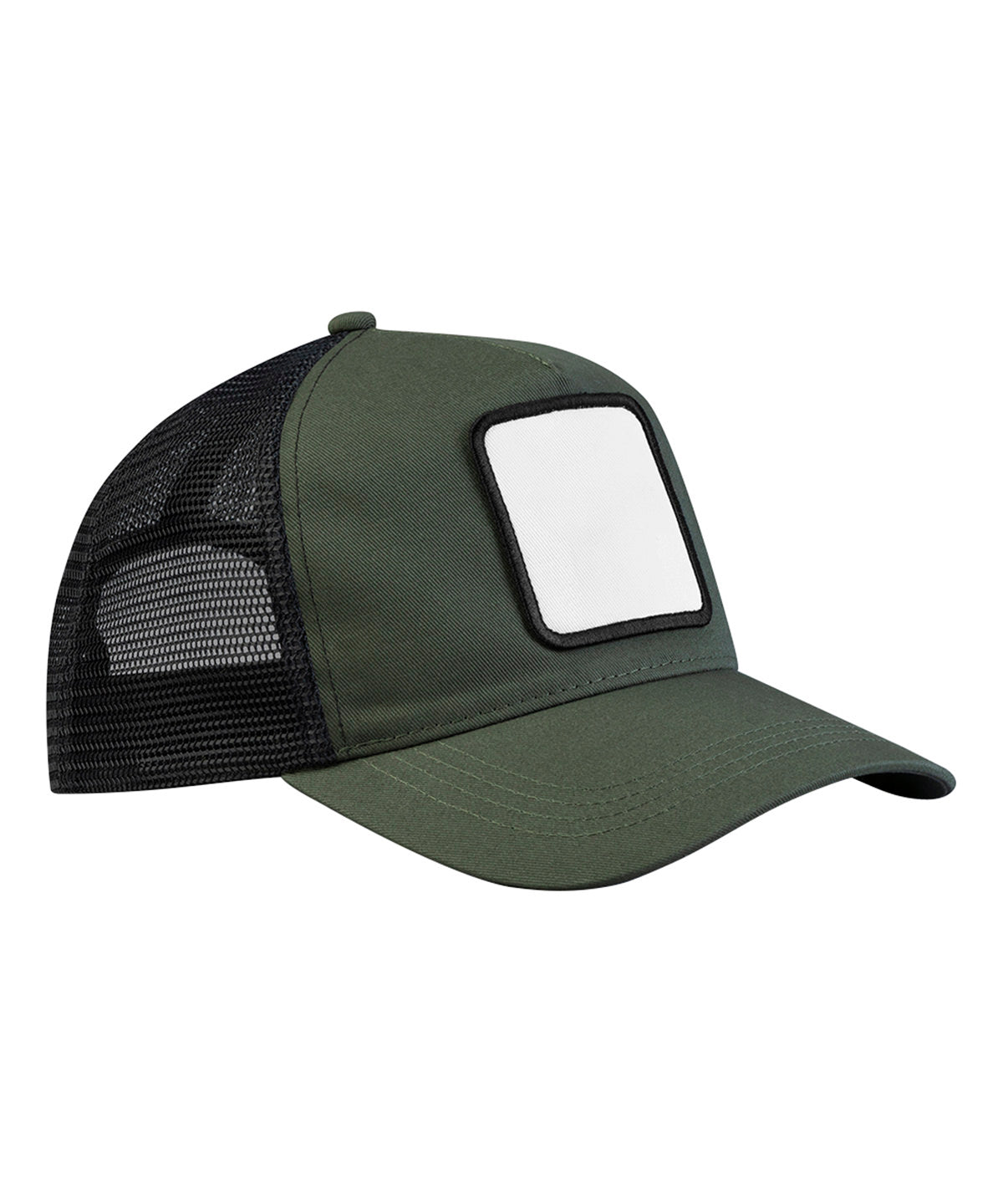 Beechfield Appliqué patch 5-panel trucker in Olive Green/Black, front view