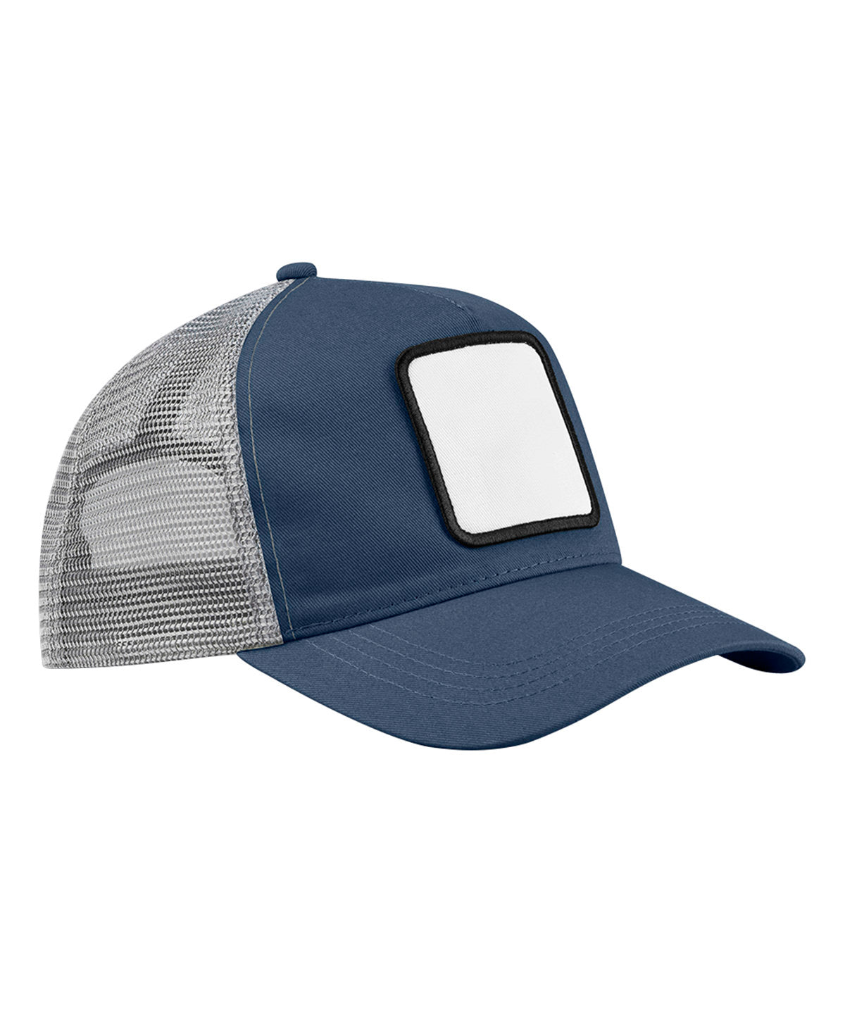 Beechfield Appliqué patch 5-panel trucker in Slate Blue/Light Grey, front view