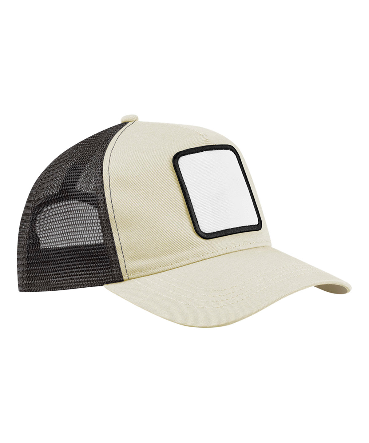 Beechfield Appliqué patch 5-panel trucker in Stone/Shadow Grey, front view