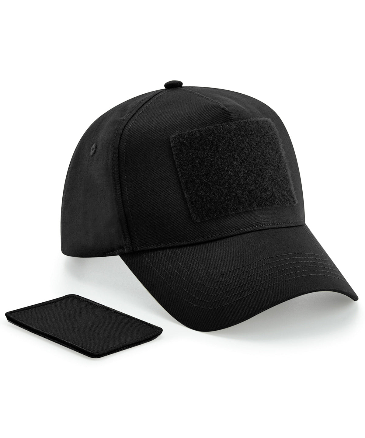 Beechfield Removable patch 5-panel cap in Black, front view