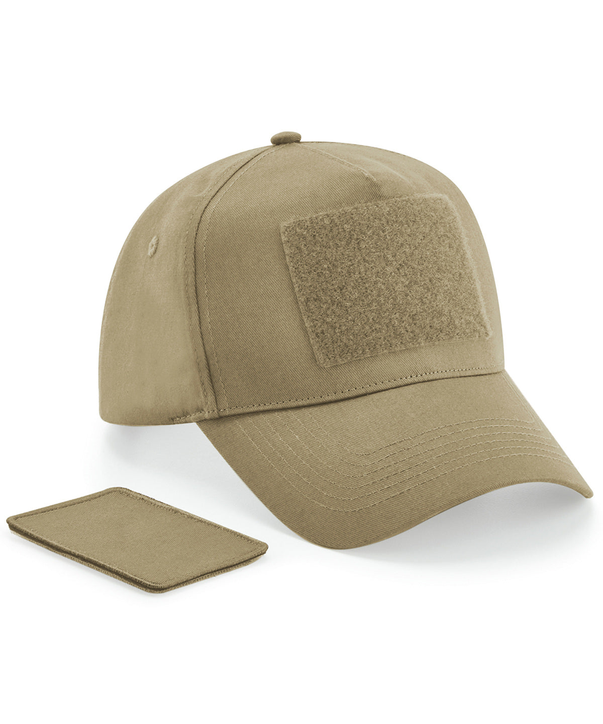 Beechfield Removable patch 5-panel cap in Desert Sand, front view