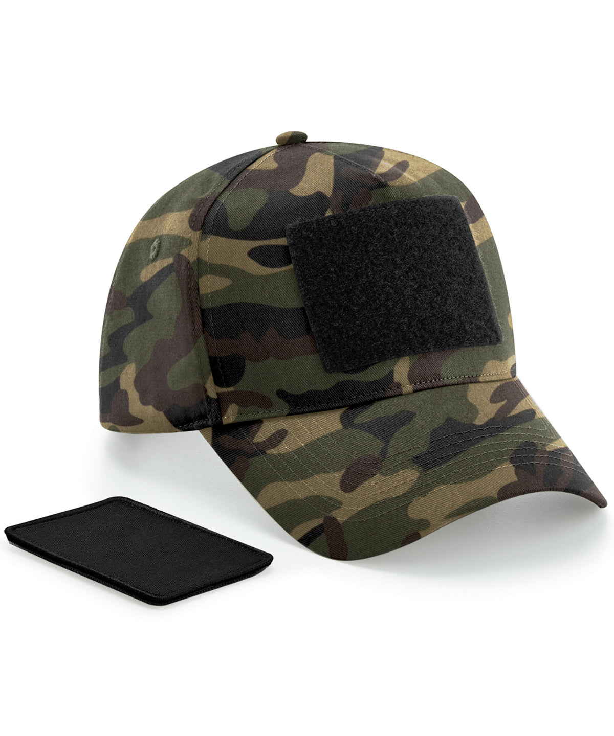 Beechfield Removable patch 5-panel cap in Jungle Camo, front view