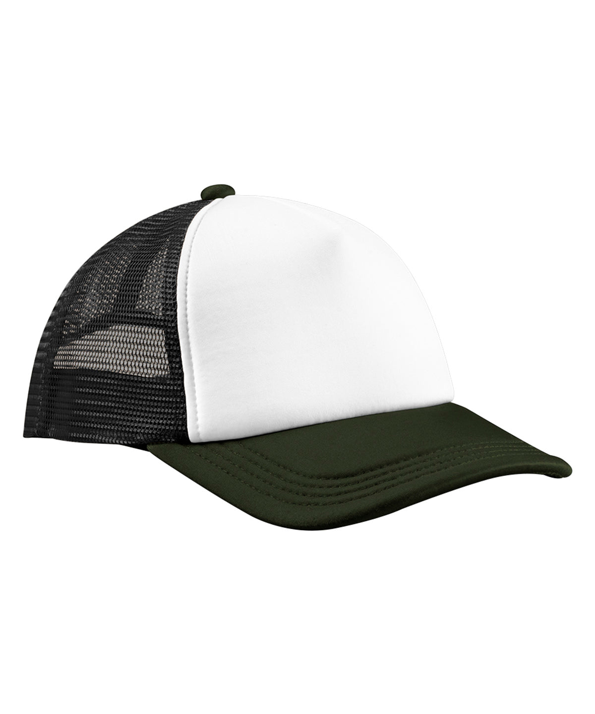 Beechfield Retro 5-panel trucker in Black/Dark Olive, front view