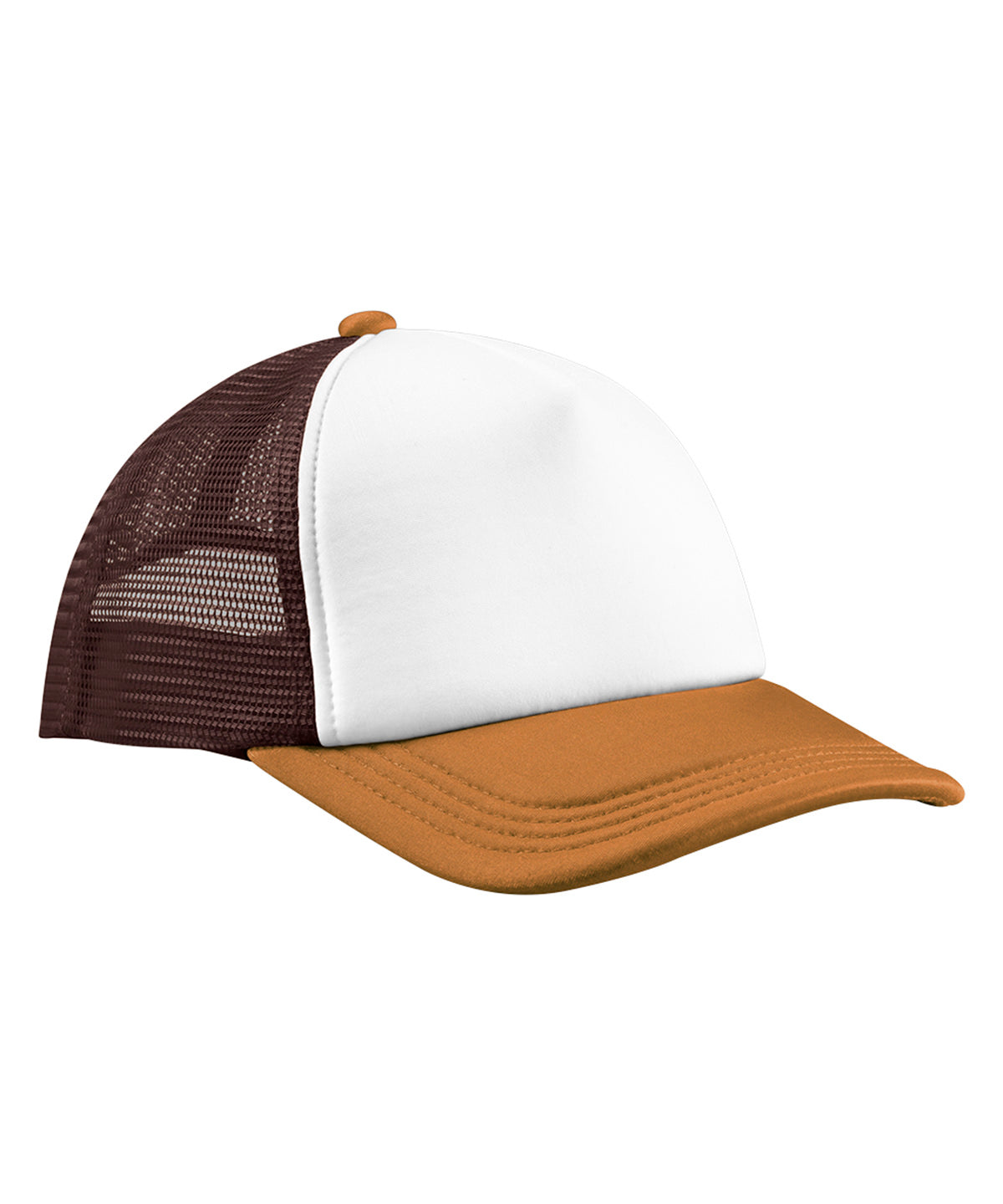Beechfield Retro 5-panel trucker in Chocolate/Dark Amber, front view