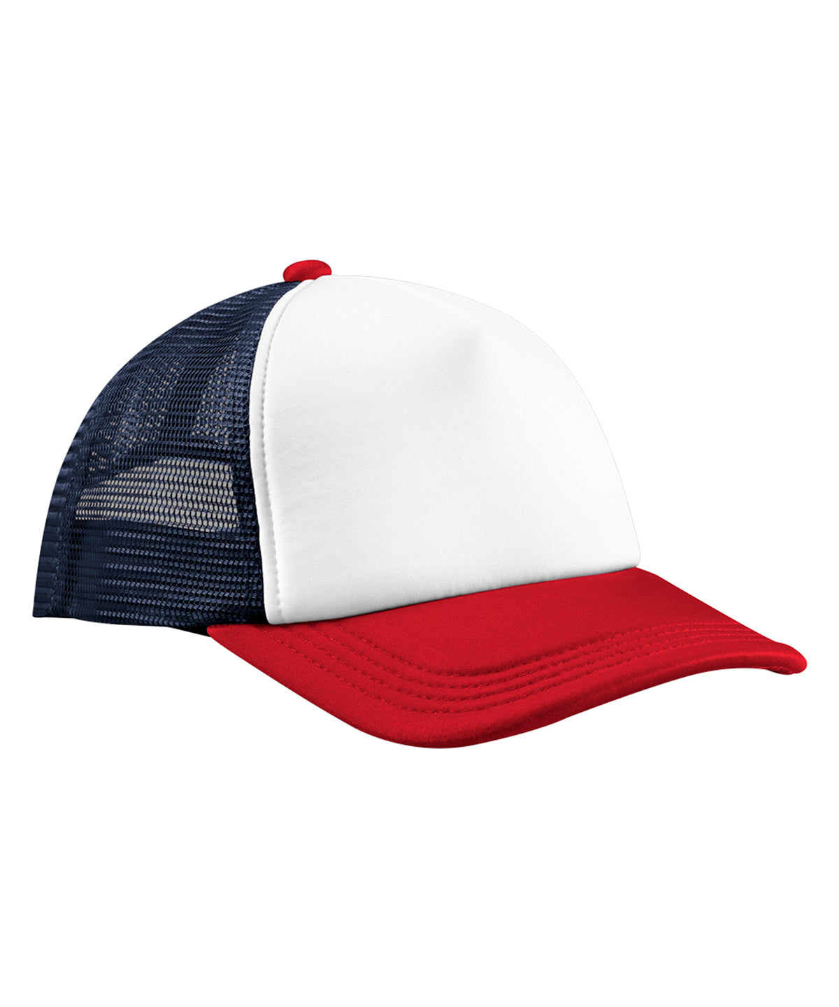 Beechfield Retro 5-panel trucker in Navy/Red, front view