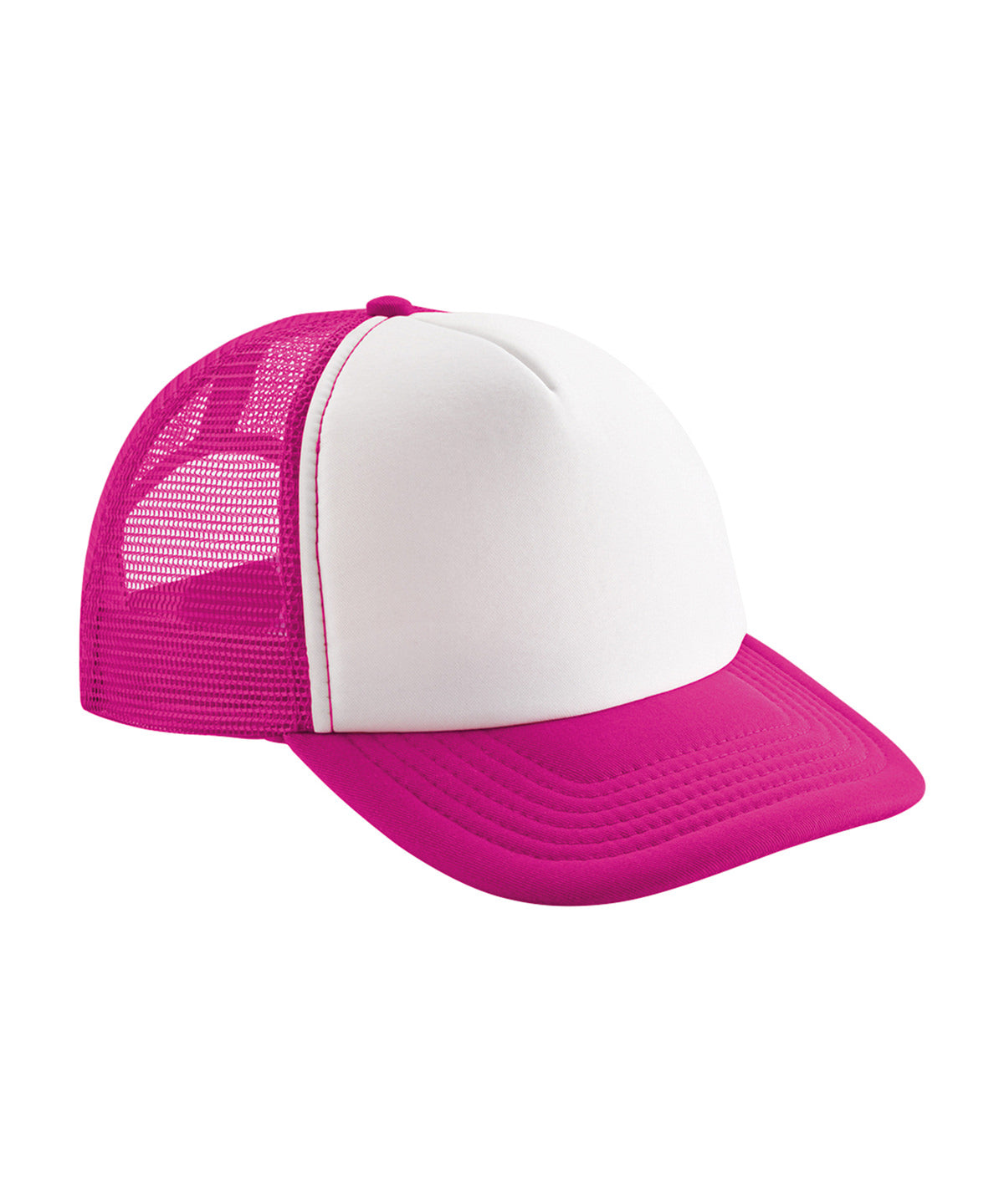 Beechfield Vintage snapback trucker in Fuchsia/White, front view