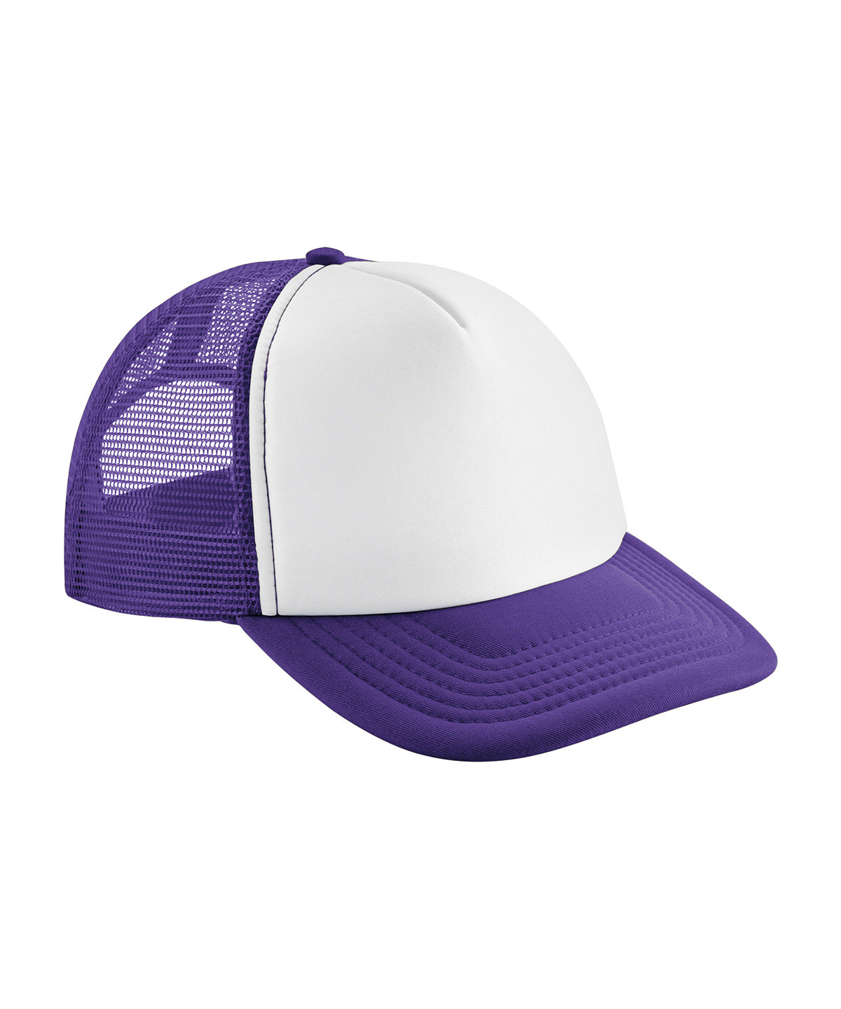 Beechfield Vintage snapback trucker in Purple/White, front view