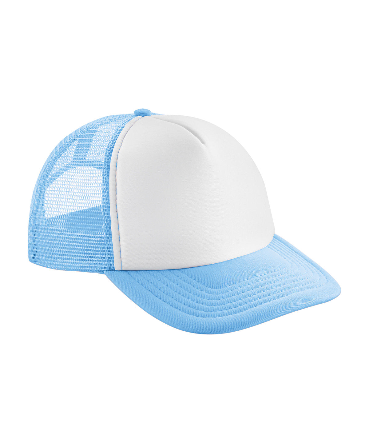 Beechfield Vintage snapback trucker in Sky Blue/White, front view
