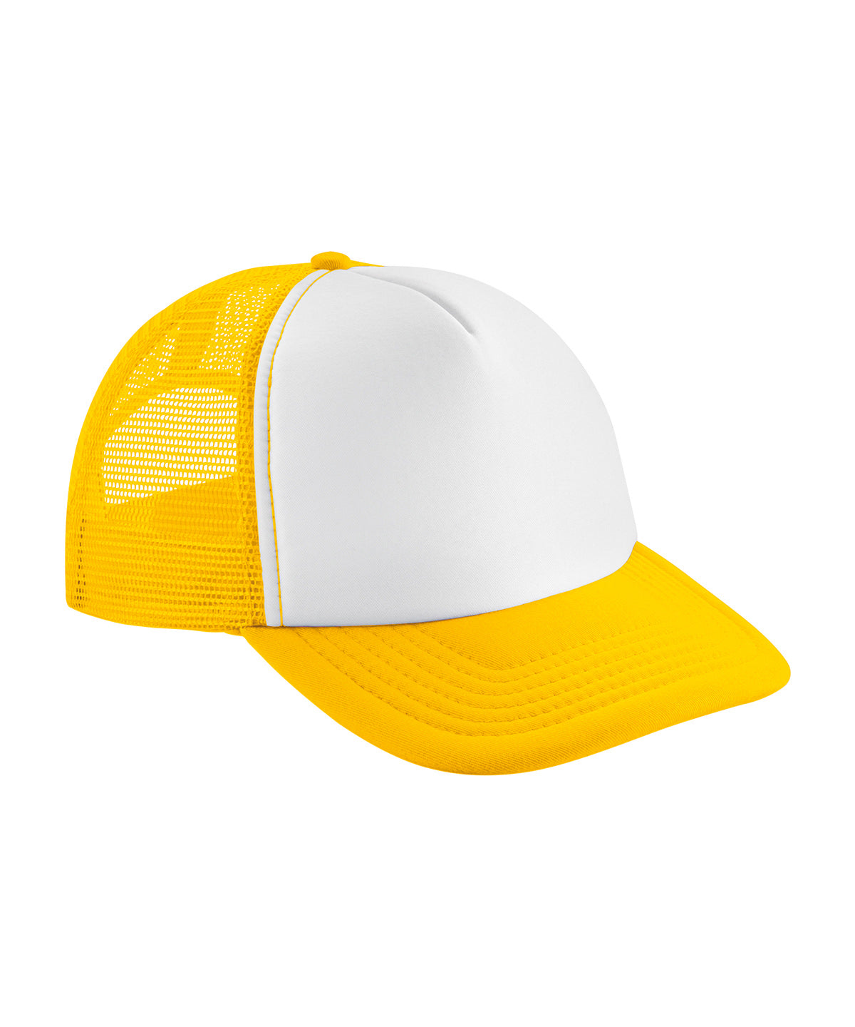 Beechfield Vintage snapback trucker in Sunflower/White, front view