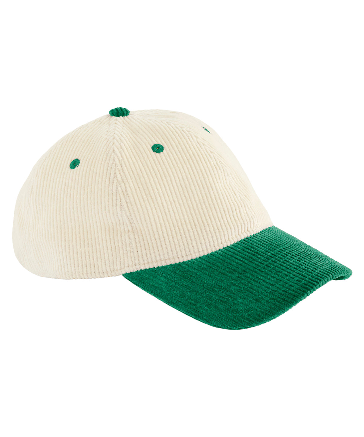 Beechfield Contrast peak corduroy cap in Natural/Bottle Green, front view