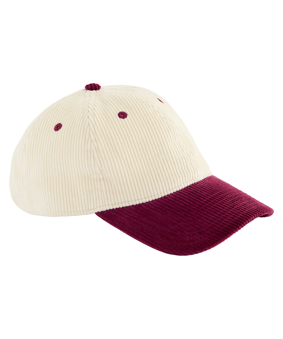 Beechfield Contrast peak corduroy cap in Natural/Burgundy, front view