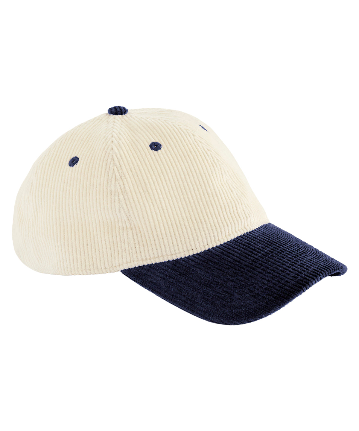 Beechfield Contrast peak corduroy cap in Natural/Navy, front view