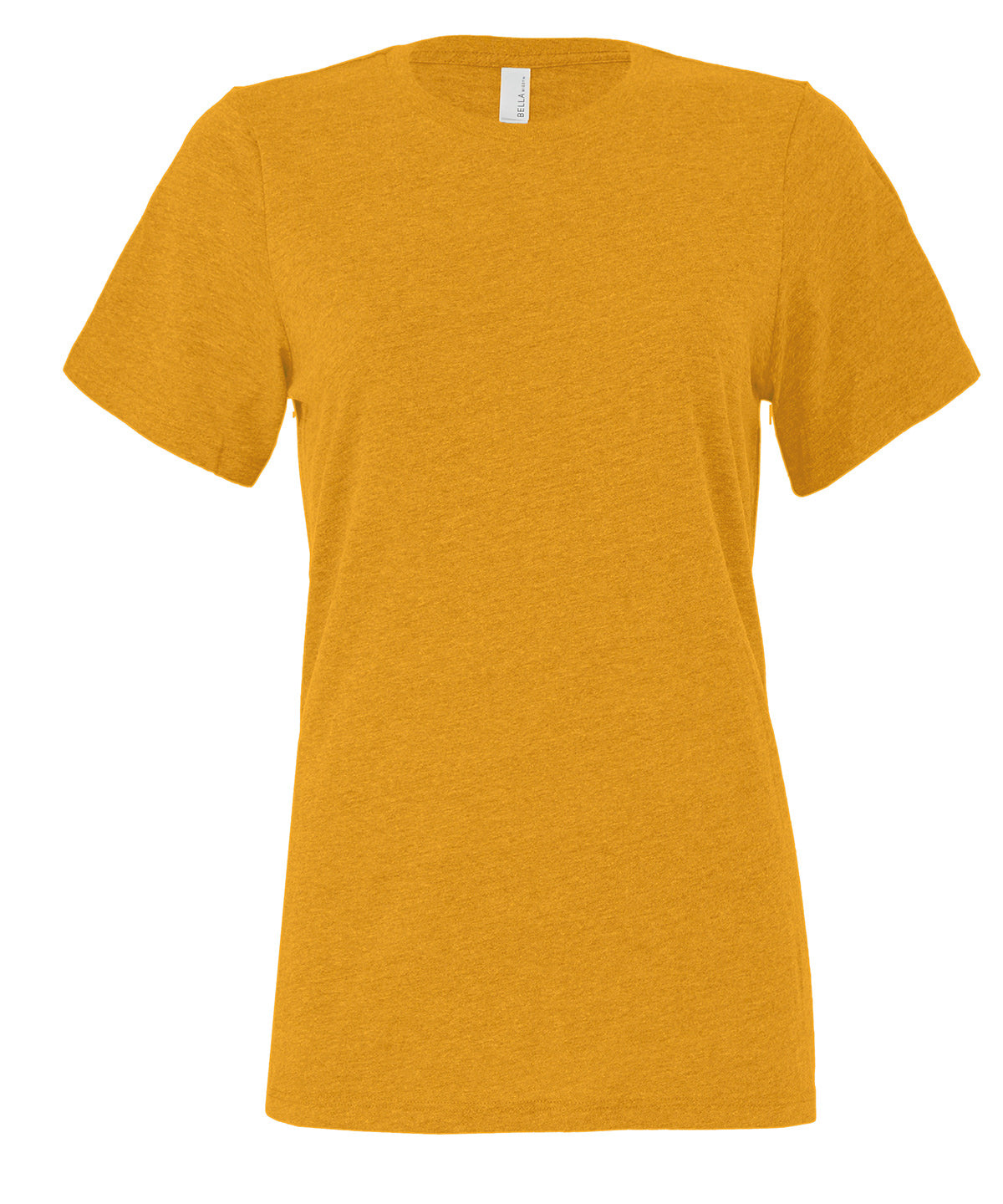 Bella Canvas Women's relaxed Jersey short sleeve tee in Heather Mustard, front view