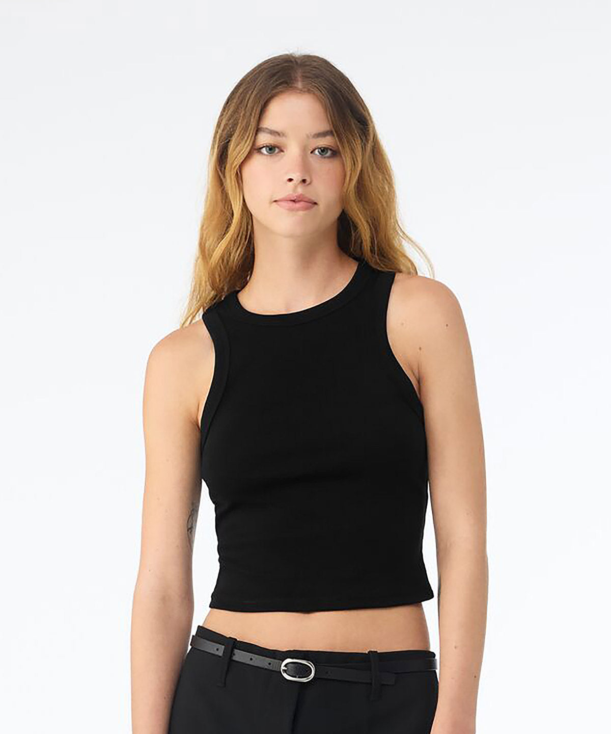 Bella Canvas Women’s micro rib racer tank, lifestyle photo