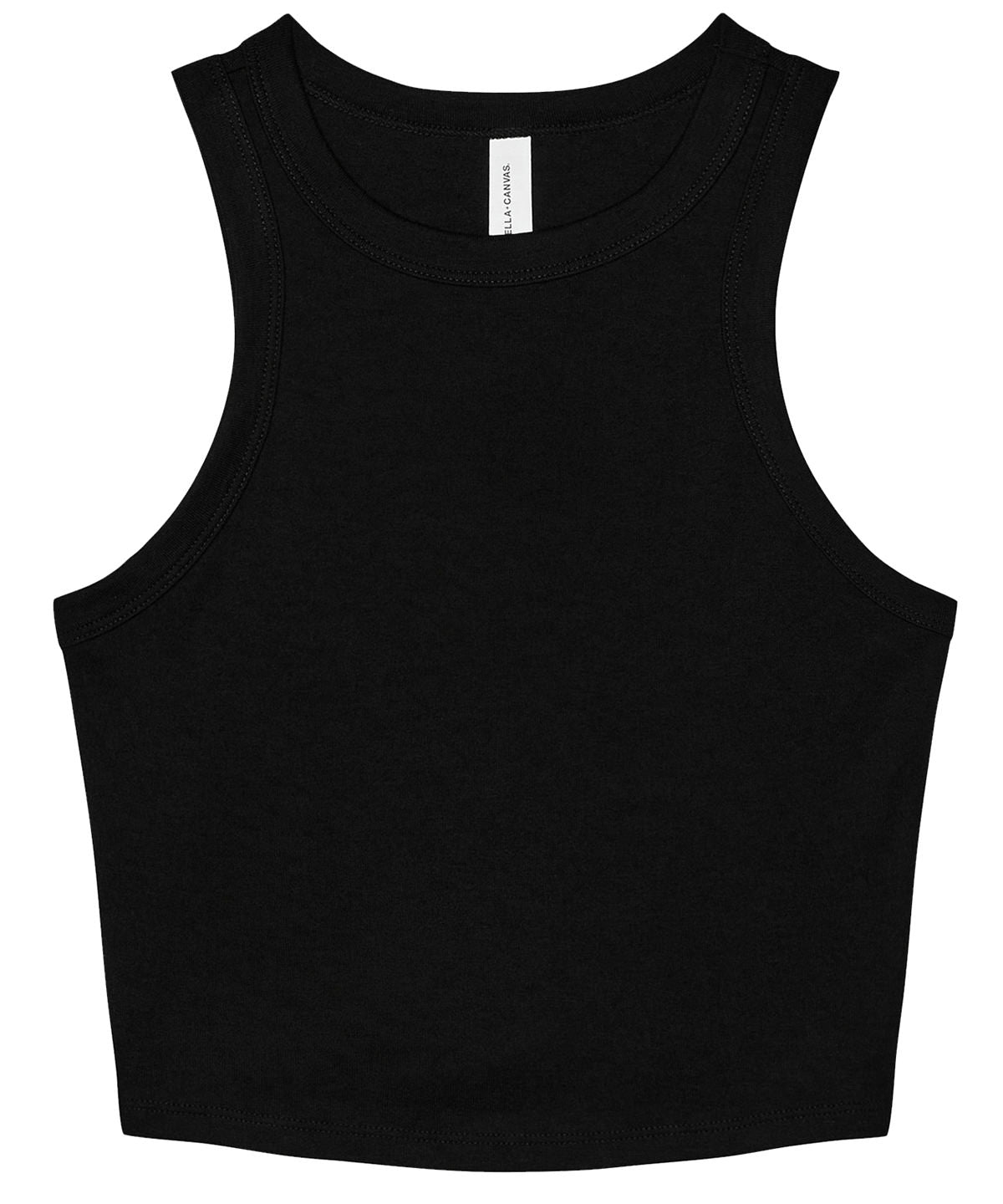 Bella Canvas Women’s micro rib racer tank in Solid Black Blend, front view