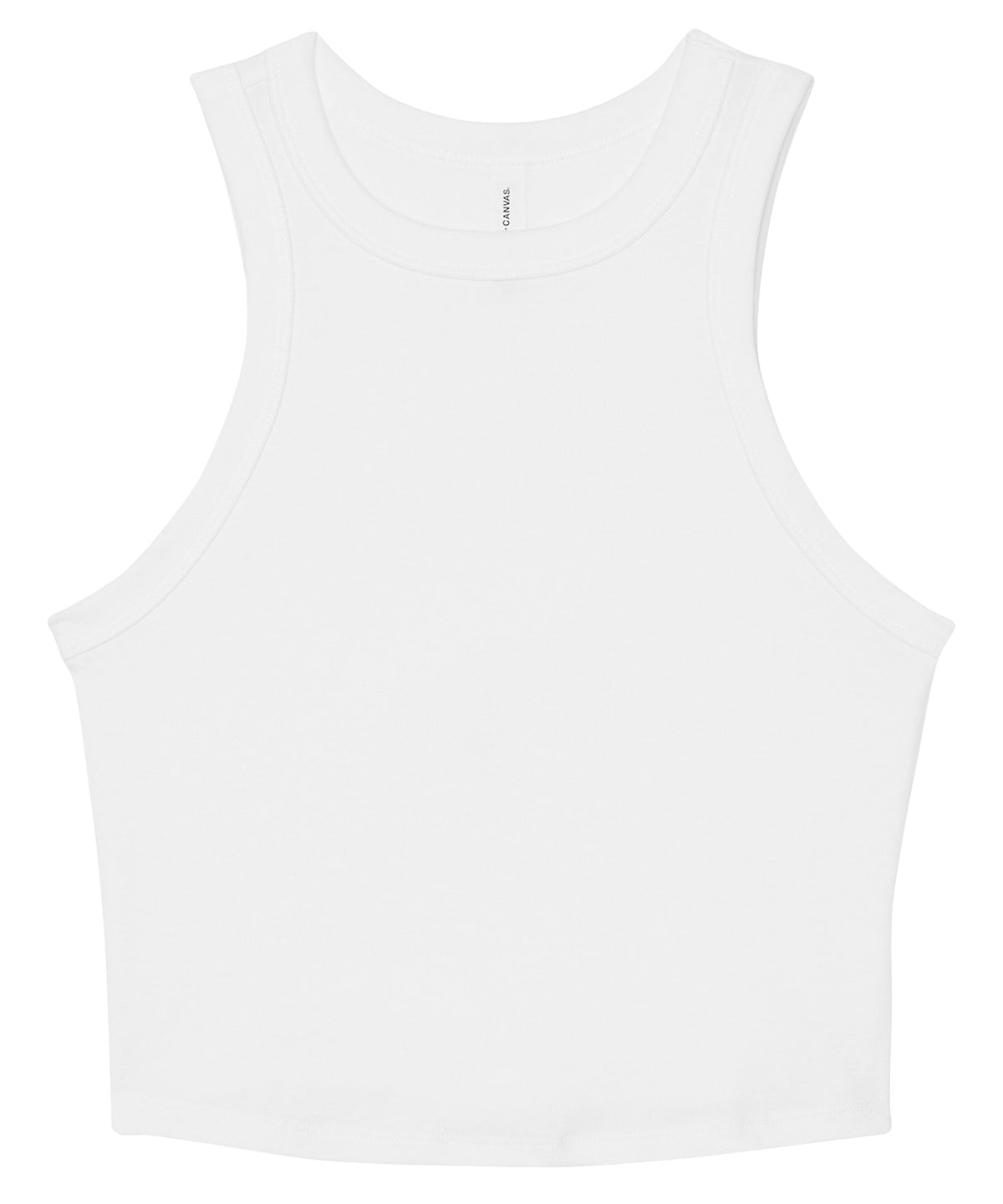 Bella Canvas Women’s micro rib racer tank in Solid White Blend, front view