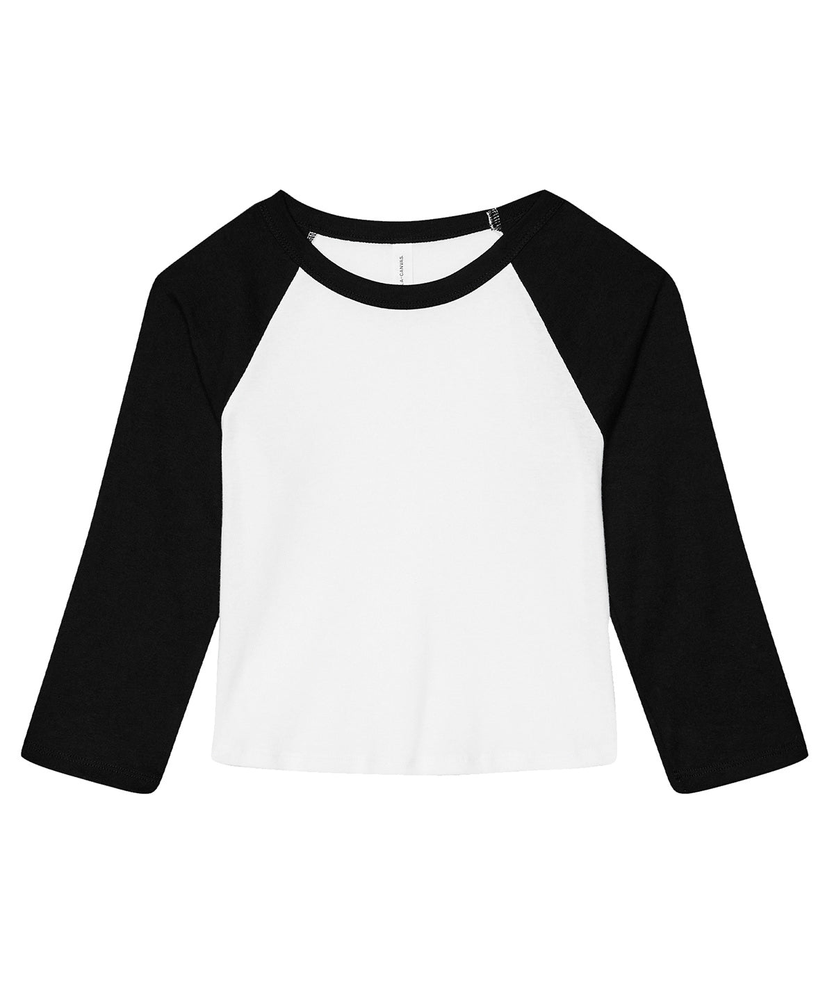 Bella Canvas Women’s micro rib 3/4 raglan baby t-shirt in White/Black, front view