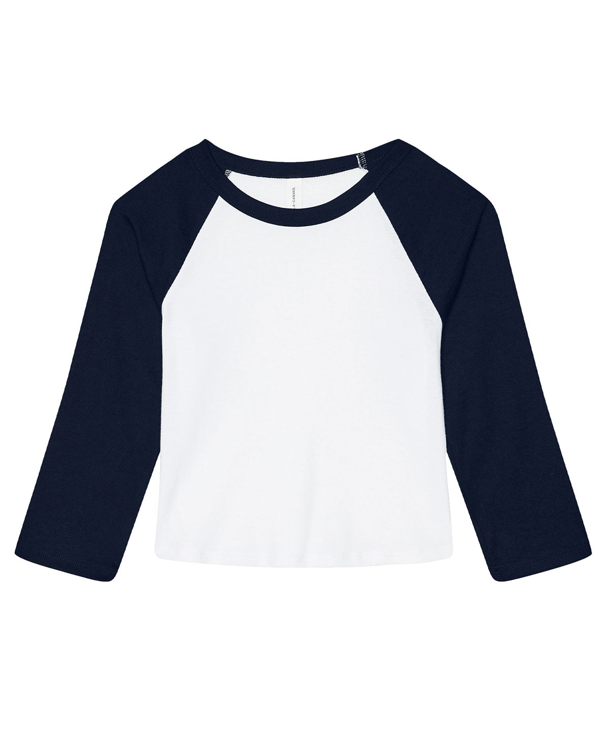Bella Canvas Women’s micro rib 3/4 raglan baby t-shirt in White/Navy, front view