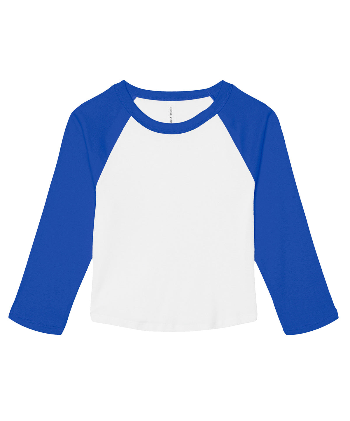Bella Canvas Women’s micro rib 3/4 raglan baby t-shirt in White/True Royal, front view