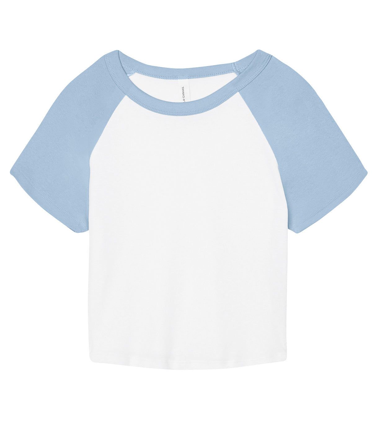 Bella Canvas Women’s micro rib raglan baby t-shirt in White/Baby Blue, front view