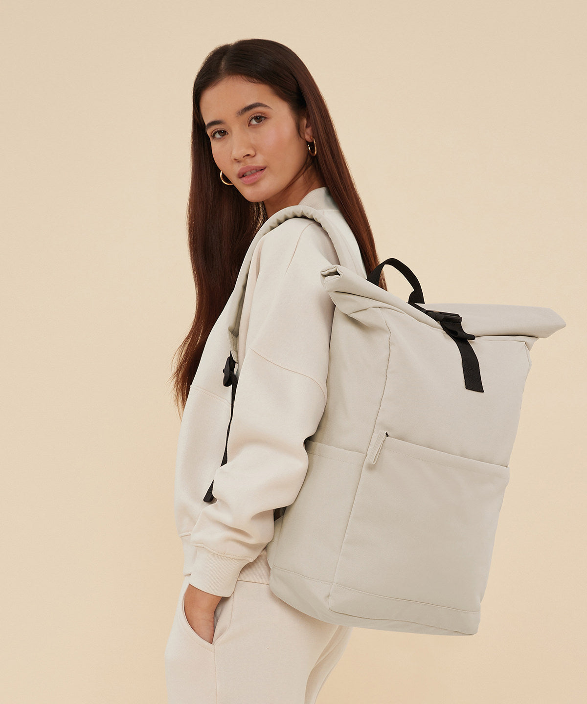 Bagbase Premium Recycled Roll Top Backpack, lifestyle photo