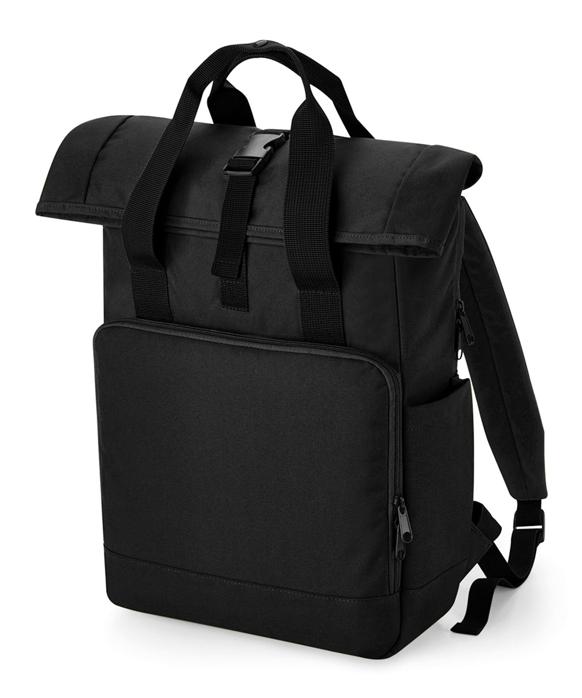 Bagbase Recycled twin handle roll-top laptop backpack in Black, front view
